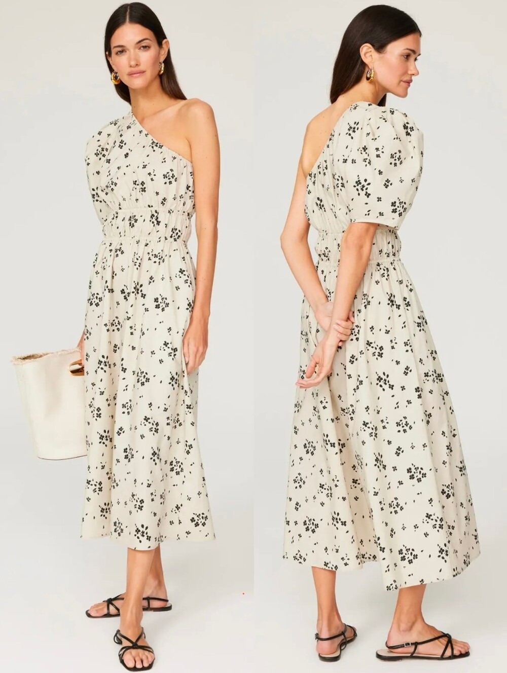 POLO RALPH LAUREN Cream Lwen Floral Asymmetrical Shirred Poplin Cotton Dress